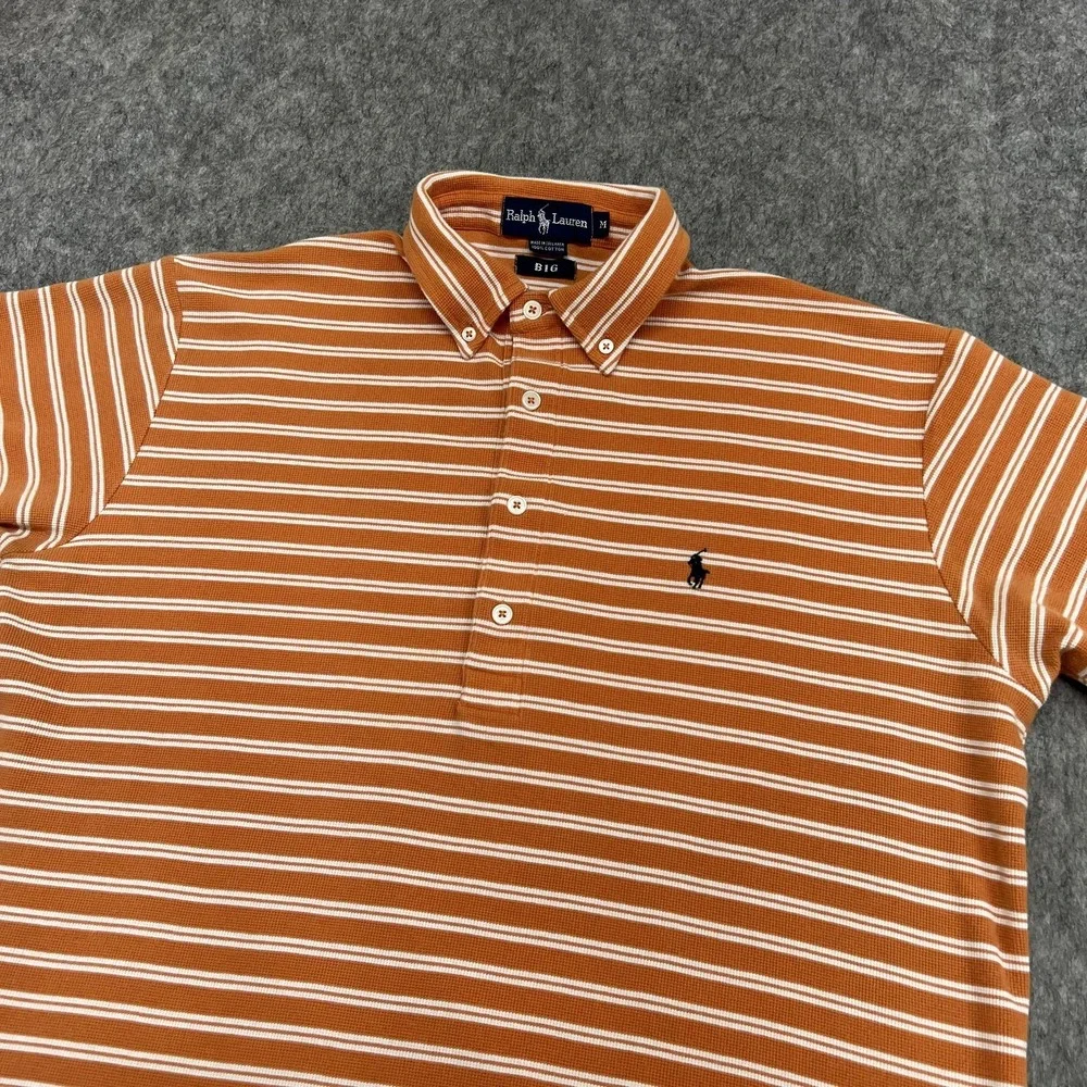 Ralph Lauren Polo Shirt Mens M Orange‎ White Stripe Button Down Collar Pony Big